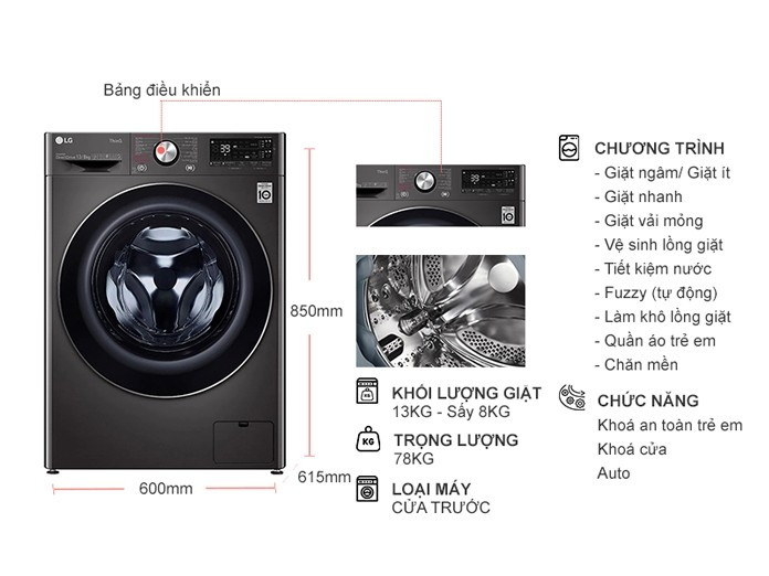 Máy giặt sấy LG Inverter 13 kg FV1413H3BA