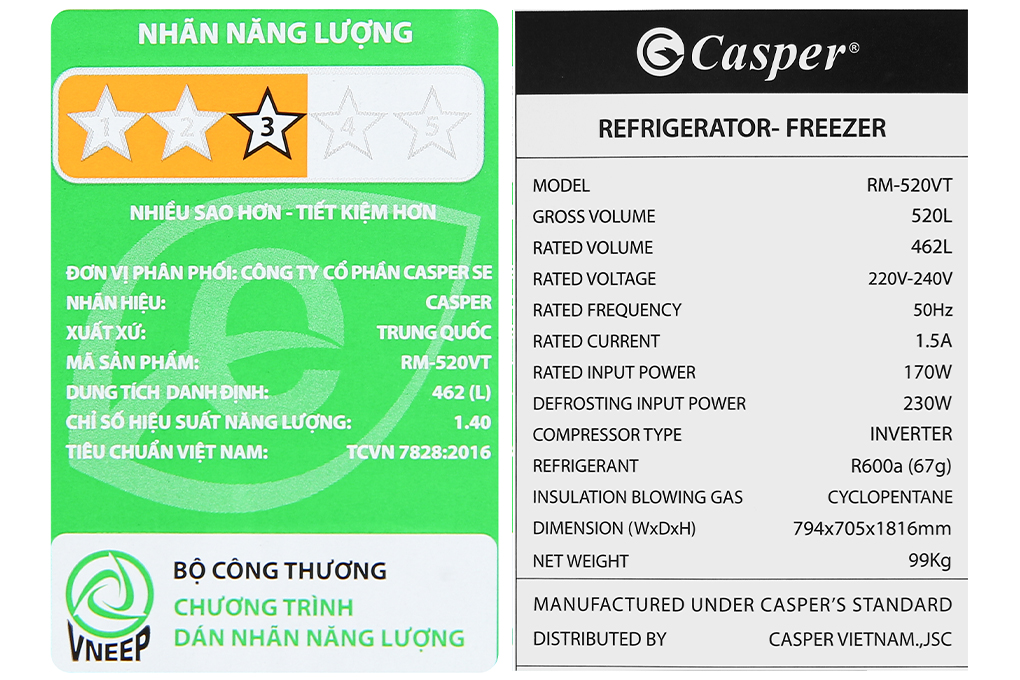 Tủ lạnh Casper Inverter 462 lít Multi Door RS-520VT